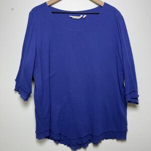 Soft Surroundings Womens 100%‎ Cotton Top Large Blue Gauze Scalloped Hem Artsy
